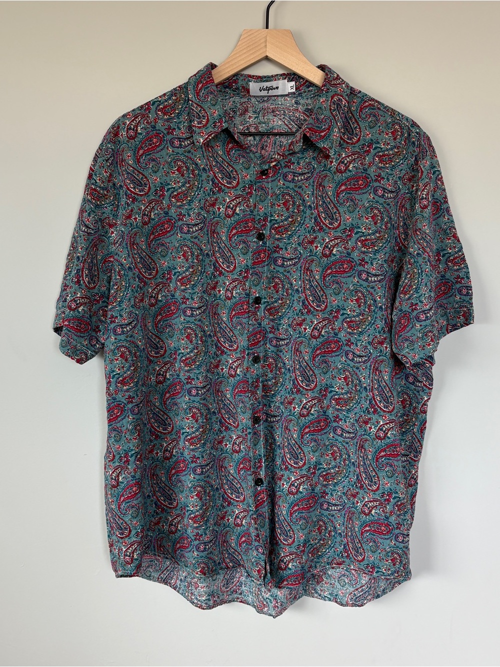 Teal Paisley Short-Sleeve VATPAVE Button-Up Cotton Viscose Shirt XL